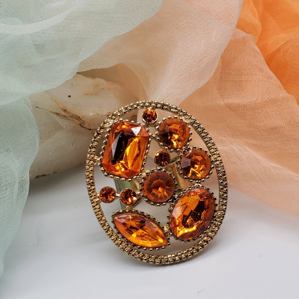 ❤️ Boho Fancy Ring Large Crystals Orange Big Cocktail Gold Ring